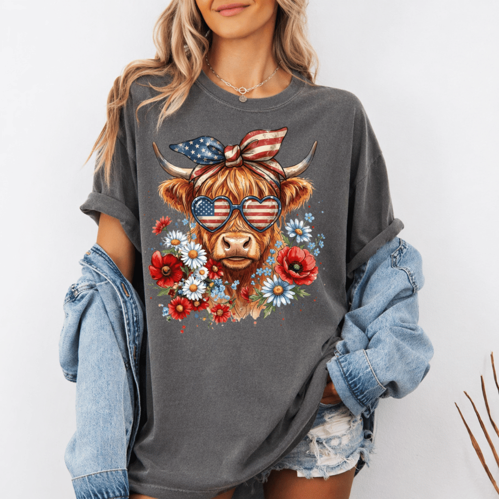 Retro Patriotic Highland Cow Comfort Colors T-Shirt – 4th of July Gift for Women, Cowgirl Tee - lifestyle view